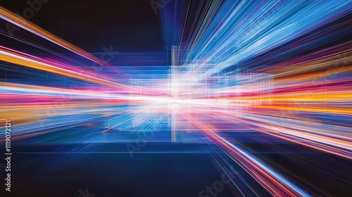 Artistic depiction of satellite-based Internet networks, colorful beams connecting rural and urban areas globally