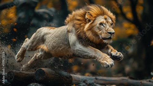 Majestic lion leaping powerfully through autumnal forest, powerful paws extended.