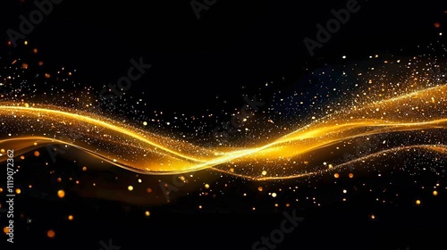 A magical, glowing abstract light trail on a black background, with shimmering golden particles flowing in a wave-like pattern