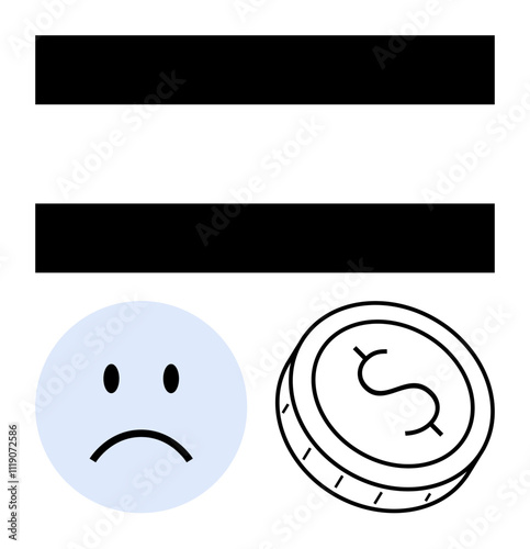 Equal sign above sad face and dollar coin represent income disparity and financial struggle. Ideal for economic discussions, financial inequality, social justice, poverty awareness, profit imbalance