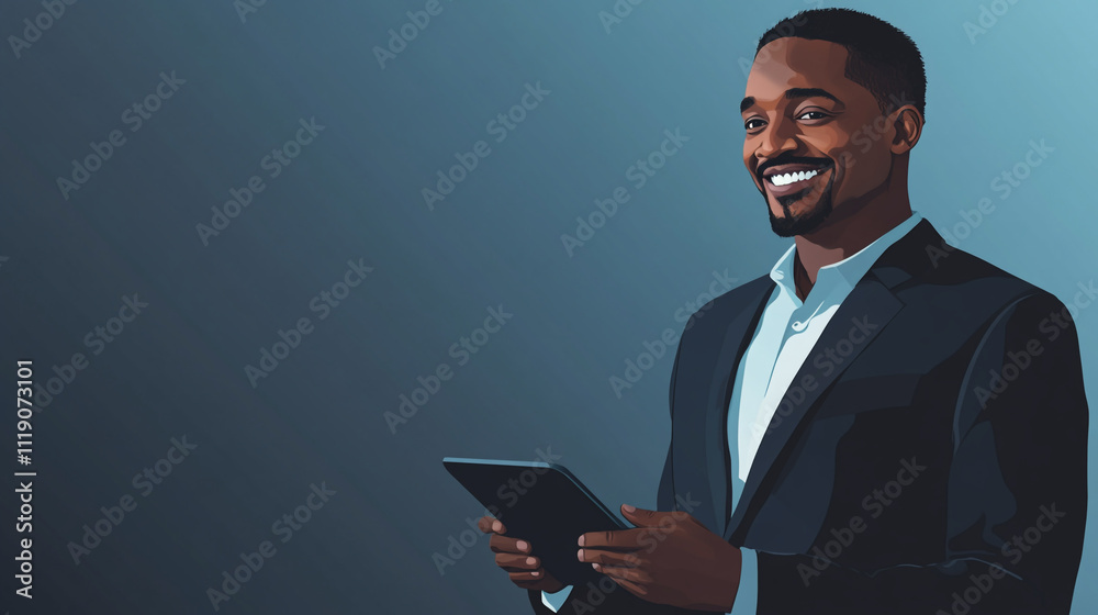 Professional man smiling while holding a tablet in a sleek, modern setting Professional man smiling while holding a tablet in a sleek, modern setting