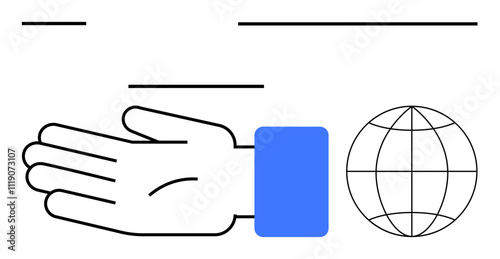 Hand extended, grid-patterned globe symbol adjacent, blue cuff, straight lines. Ideal for communication, teamwork, global outreach, connectivity support international relations unity. Line