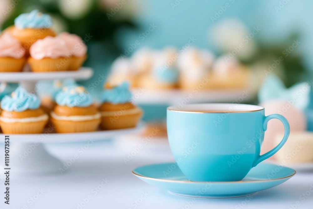 Whimsical Tea Party Setup with Colorful Teacups and Tasty Treats Whimsical Tea Party Setup with Colorful Teacups and Tasty Treats
