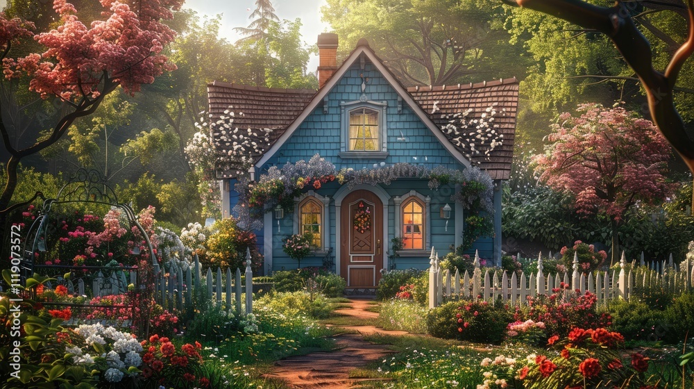 Fototapeta premium a picture of a charming spring cottage with a blooming garden, picket fence, and sunny windows