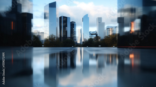 Modern Skyscrapers Reflecting in Urban Night 