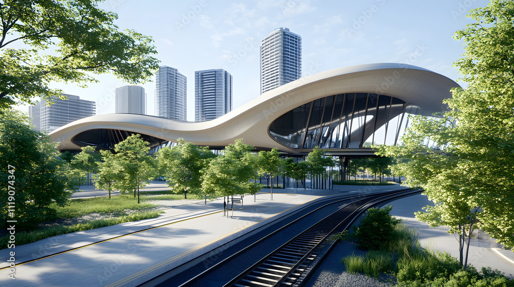 Naklejka premium A modern train station with a sleek, wavy roof design, surrounded by greenery and urban buildings, showcasing a blend of architecture and nature