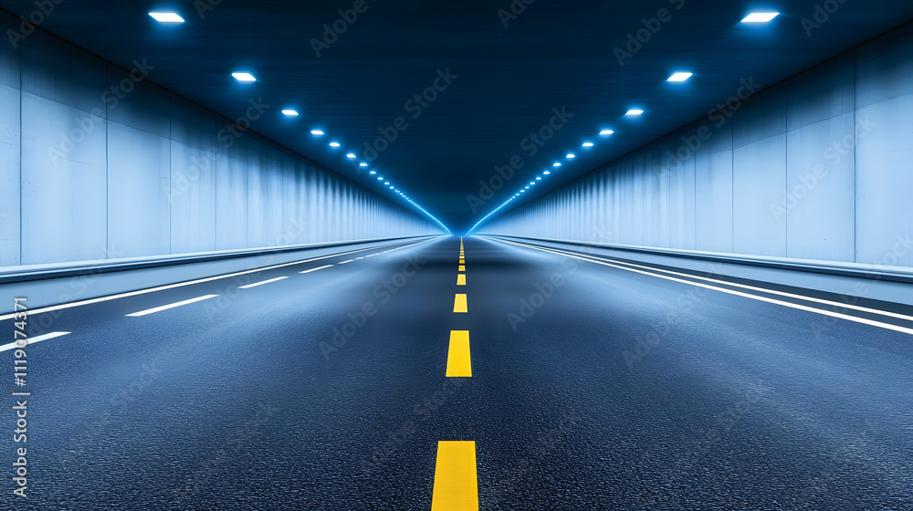 A dimly lit tunnel with a long, straight highway, illuminated by overhead lights, creating a sense of depth and perspective A dimly lit tunnel with a long, straight highway, illuminated by overhead lights, creating a sense of depth and perspective
