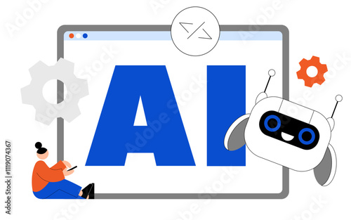 Lettering AI with gears, robot head and code sign text