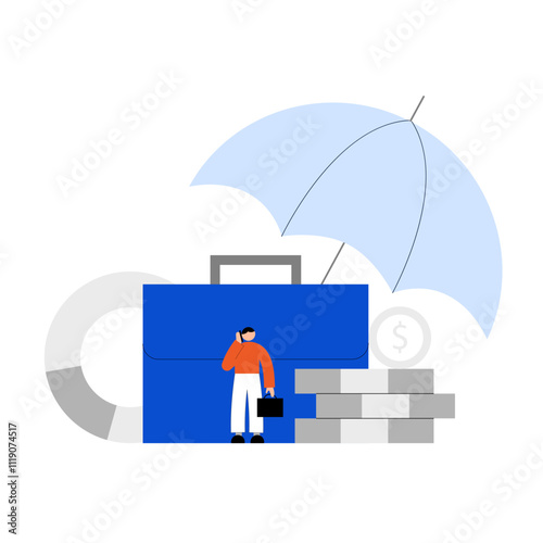 Briefcase, parasol and money signifying business insurance