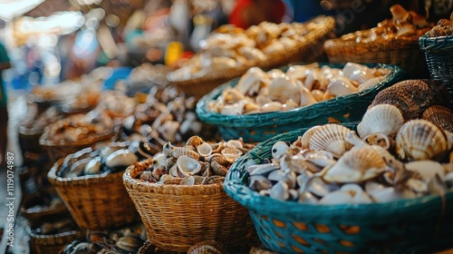 Colorful Seashells in Baskets at Market Summer Beach Texture photo