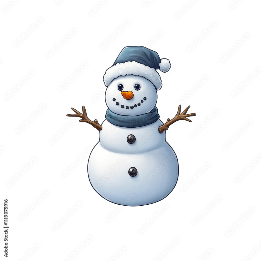Cheerful Cartoon Snowman in Winter Hat and Scarf Cheerful Cartoon Snowman in Winter Hat and Scarf