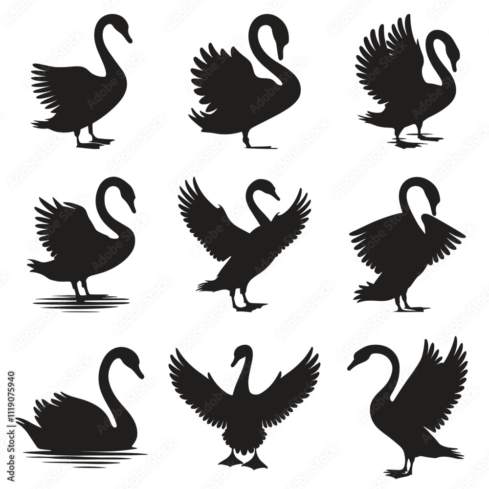 Fototapeta premium Set of swan silhouettes in various poses. isolated vector on white background.