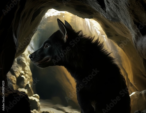 Young Hyena with Dark Fur in a Cave