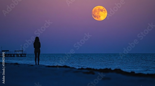 Woman silhouetted on a beach at dusk with the moon in the sky