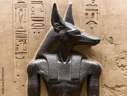 Ancient Egyptian Anubis Relief: Intricate details of the jackal-headed god Anubis, carved in stone, showcase the artistry and spiritual significance of ancient Egyptian culture.   photo