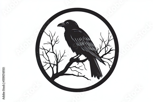 A raven perched on a branch, full moon behind, circular design, vector, black and white simple