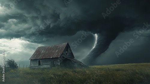 A tornado forming near a weathered barn on a vast prairie, the barn's roof being torn off by the wind photo