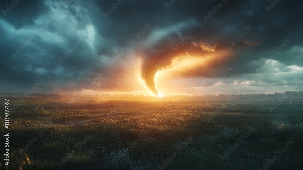 Fototapeta premium A tornado forming over a prairie at dawn, with the first light of day barely visible through the storm clouds