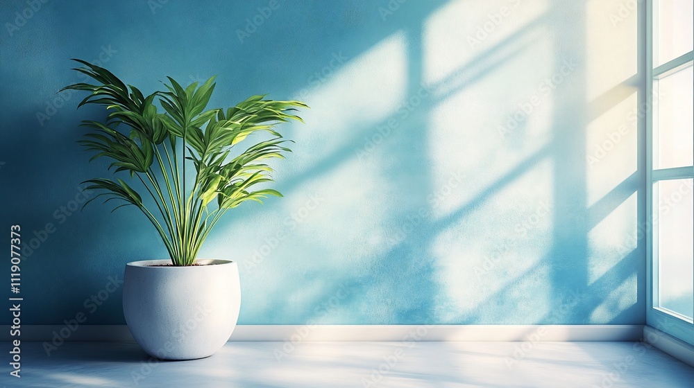 Fototapeta premium Sunlit plant in a white pot against a blue wall.