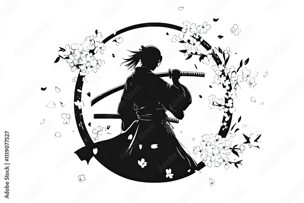A samurai with a katana cherry blossoms falling A samurai with a katana cherry blossoms falling