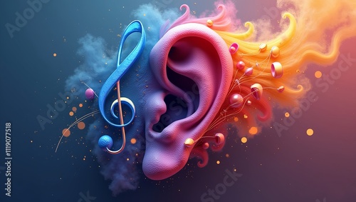 a colorful illustration of a stylish ear intertwined with musical notes and a treble clef. The stylish ears display a swirling pattern that emits a range of colors from blue and purple to red and yell