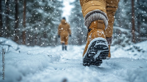 Winter boots in snow, person walking in snowy forest.