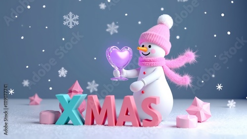  snowman decorated with a pink hat and scarf. The snowman is holding a heart-shaped crystal balloon snowman with gifts