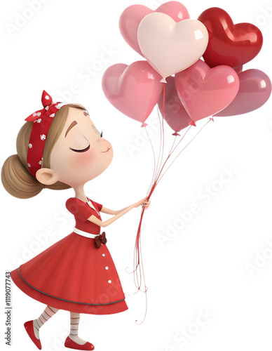 kawaii girl with heart-shaped balloon bouquet, smiling for Valentine’s Day.