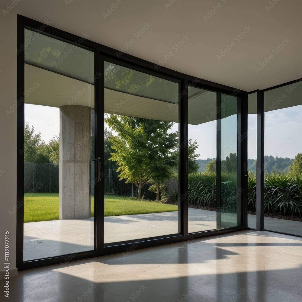 Fototapeta premium A sleek, house window for interior design, showcasing an open glass frame ideal for office spaces, isolated on a neutral background.