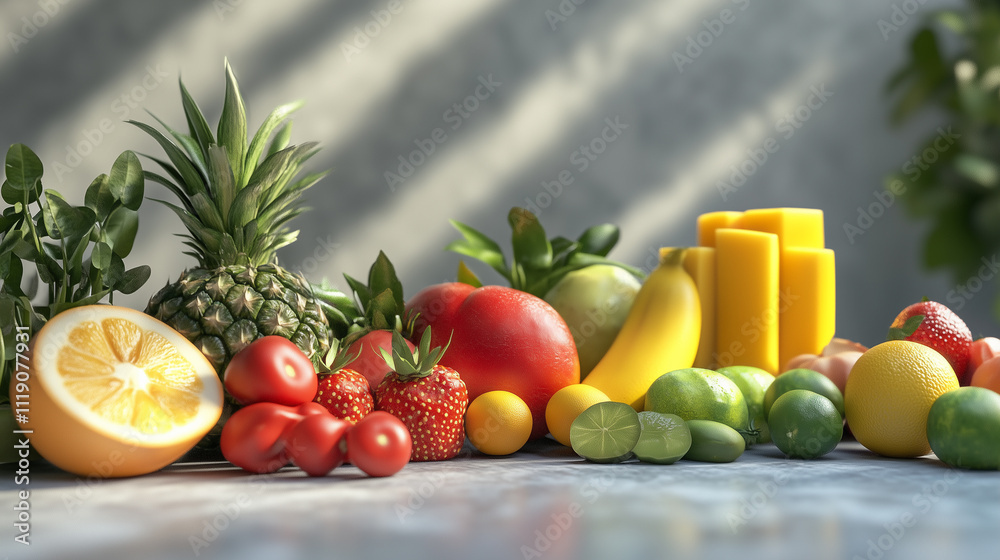 Tropical fruits and vegetables on textured background Tropical fruits and vegetables on textured background