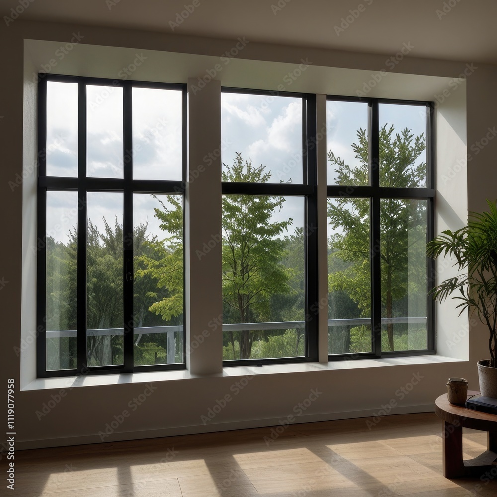 Fototapeta premium A sleek, house window for interior design, showcasing an open glass frame ideal for office spaces, isolated on a neutral background.