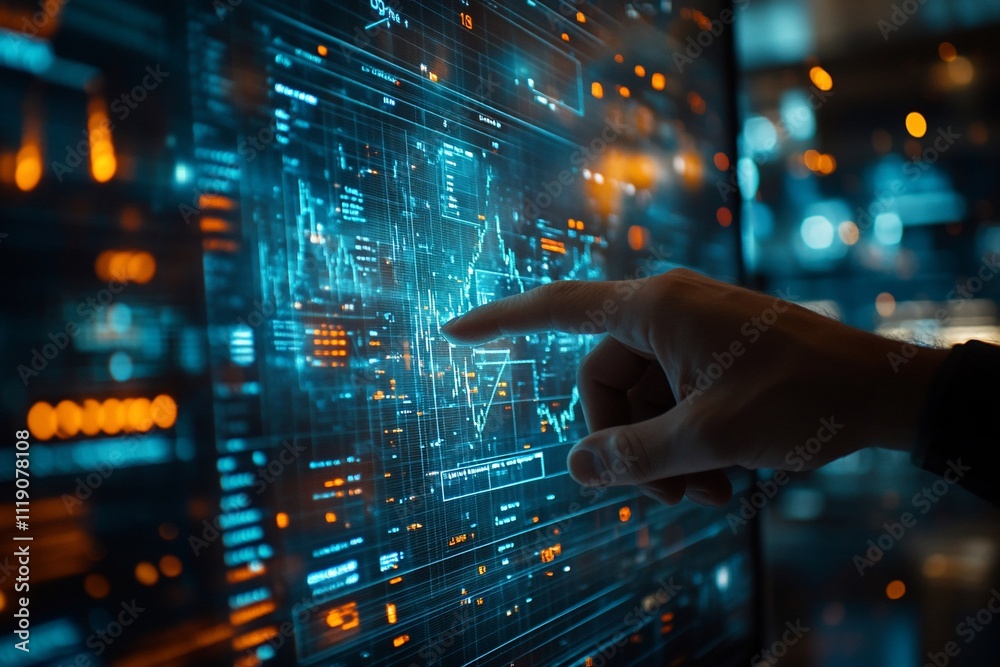 Hand interacting with futuristic stock market data on a large screen.