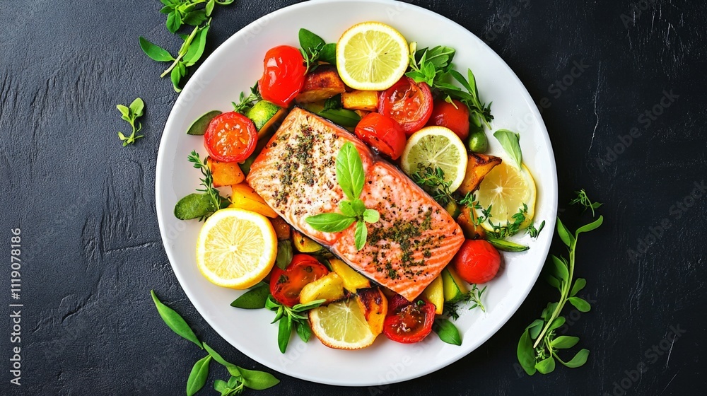 Fresh Salmon Fillet with Lemon and Colorful Vegetables on Plate Fresh Salmon Fillet with Lemon and Colorful Vegetables on Plate