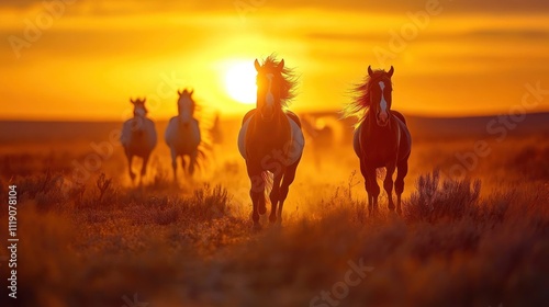 Wild horses running free on the open plains at sunset