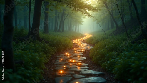 Wallpaper Mural A winding path of glowing stones in a lush forest; the stones form the New Year’s numbers as soft mist and golden light create an enchanted atmosphere Torontodigital.ca