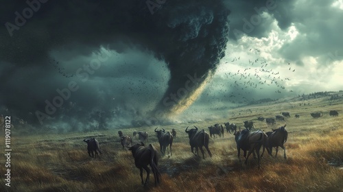 A tornado forming over a prairie with a herd of wild horses running away in the foreground, the horses rendered in ultra detailed