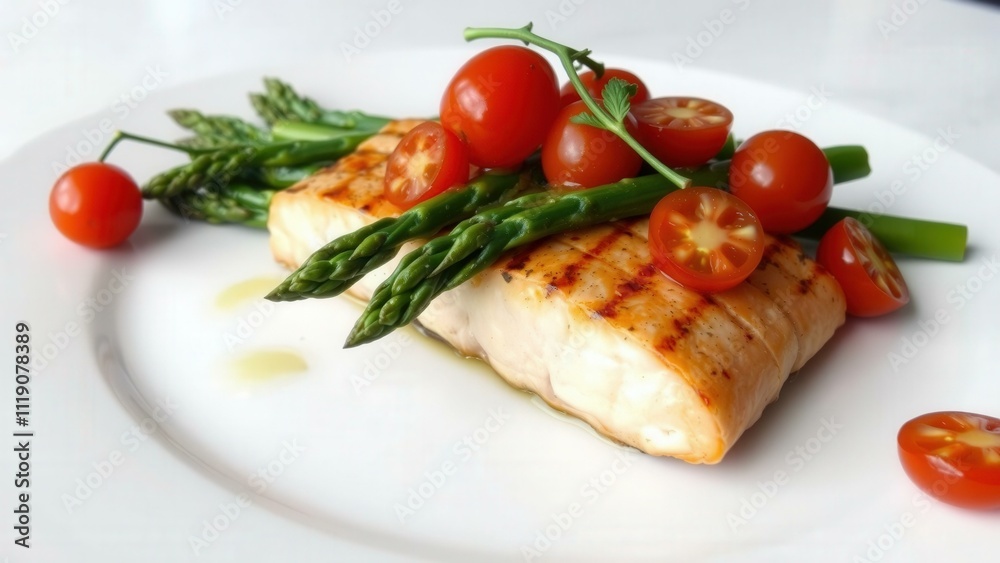 Gourmet Grilled Salmon Fillet with Asparagus and Cherry Tomatoes - Perfect for Food Blogs and Restaurant Menus Gourmet Grilled Salmon Fillet with Asparagus and Cherry Tomatoes - Perfect for Food Blogs and Restaurant Menus