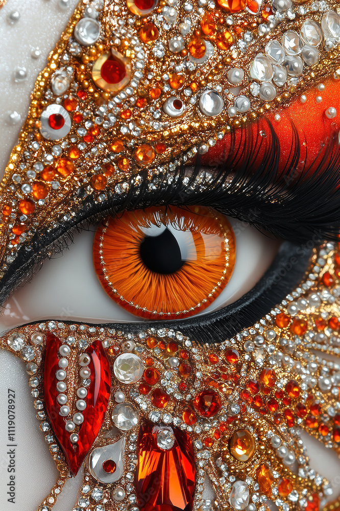 Obraz premium Close-up of Eye with Vibrant Orange Contact Lens and Intricate Rhinestone Makeup Art
