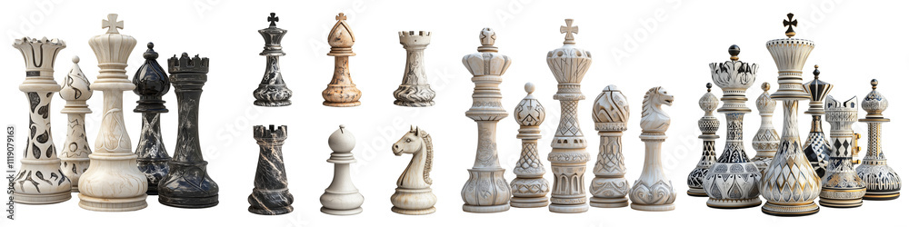 set of A close-up of elegant chess pieces arranged in a dynamic pattern, a glimpse of the artistic arrangement of elegant chess pieces, a deep image of the aesthetic arra, on a transparent backgrounds set of A close-up of elegant chess pieces arranged in a dynamic pattern, a glimpse of the artistic arrangement of elegant chess pieces, a deep image of the aesthetic arra, on a transparent backgrounds