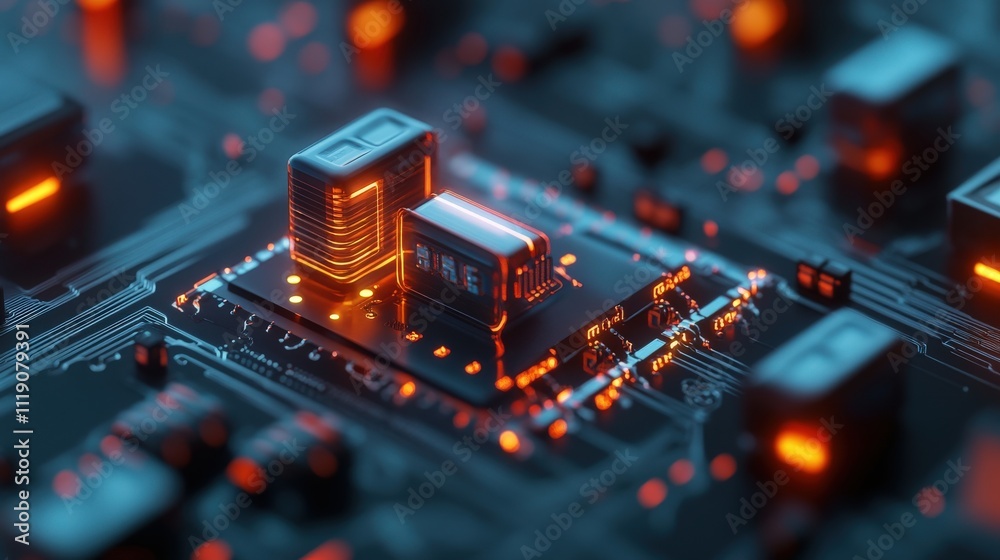 Futuristic Circuit Board with Glowing Microchips and Neon Lights, Representing Advanced Technology in Computing and Electronics Futuristic Circuit Board with Glowing Microchips and Neon Lights, Representing Advanced Technology in Computing and Electronics