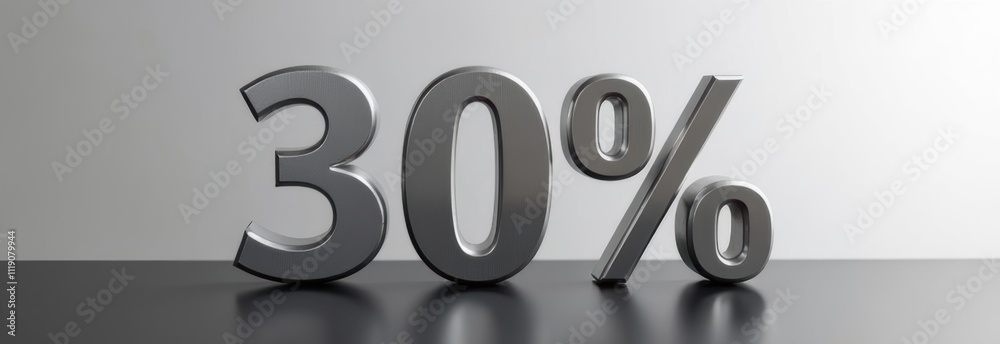 Bold Silver 30 Percent Sign on Reflective Grey Surface Symbolize Bold Silver 30 Percent Sign on Reflective Grey Surface Symbolize