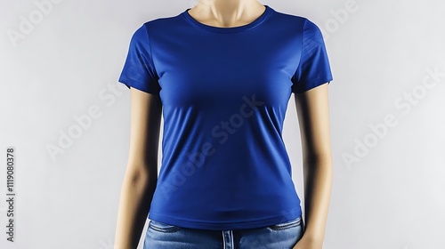 Woman Wearing a Blue Short Sleeved T Shirt photo