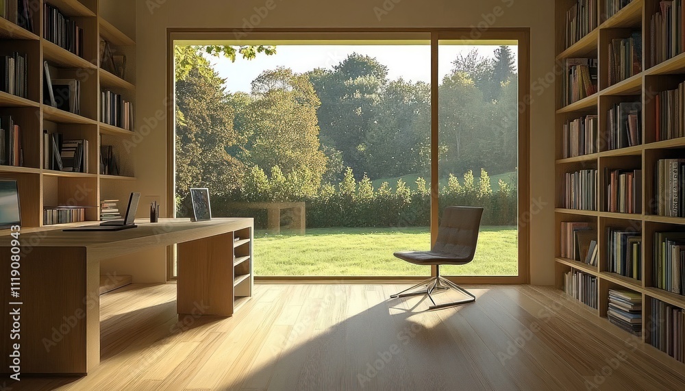 Modern Home Office With Large Window And Bookshelves Modern Home Office With Large Window And Bookshelves