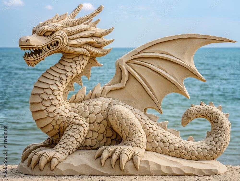 Fototapeta premium Sand sculpture outdoor craft, A detailed sand sculpture of a majestic dragon by the beach, showcasing artistry and skill.