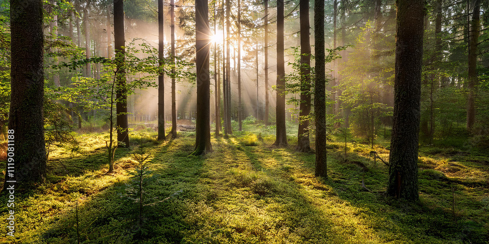 Obraz premium Beautiful Forest With Sunrays Passing Through Trees