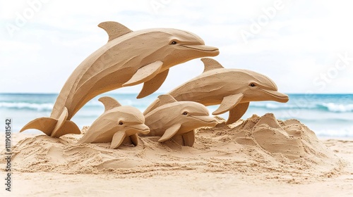 Sand sculpture outdoor craft, Wooden dolphin sculptures on a sandy beach create a serene coastal atmosphere.
