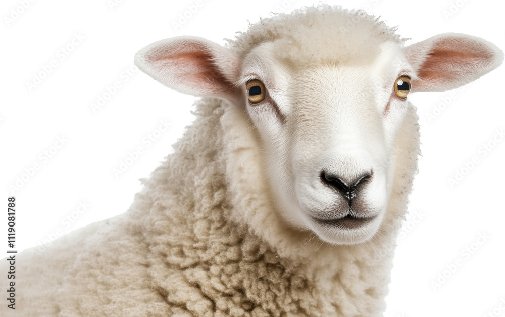 Close-up portrait of a sheep with white wool and curious expression, farm animal photography concept Close-up portrait of a sheep with white wool and curious expression, farm animal photography concept