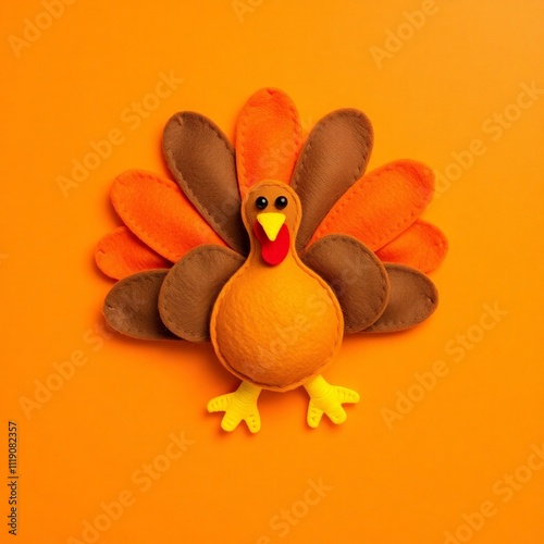 orange brown and yellow crafted felt turkey laying flat on an orange background with copy space banner/web/design photo