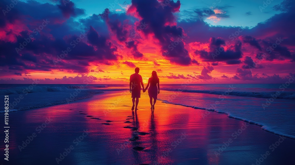 Fototapeta premium Silhouette Couple Walking Beach Vibrant Sunset