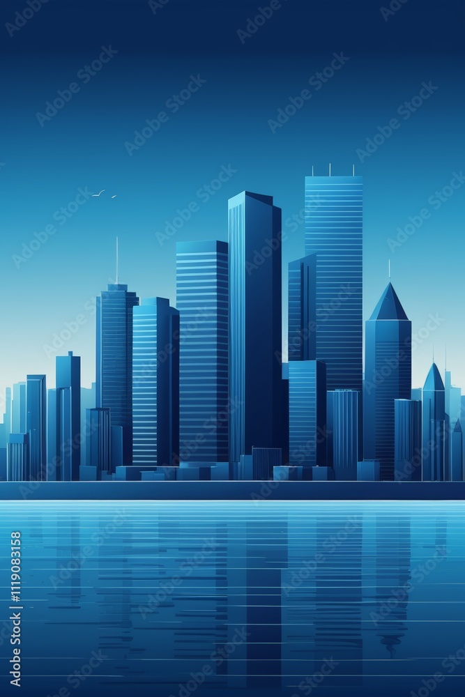 a vector illustration of a city skyline with skyscrapers and a lake a vector illustration of a city skyline with skyscrapers and a lake